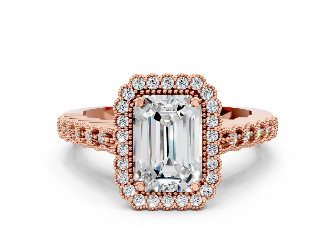 Rose gold Emerald Cut Cut Halo Pavé Solitaire Ring with Milgrain Band_3