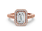 Rose gold Emerald Cut Cut Halo Pavé Solitaire Ring with Milgrain Band_3