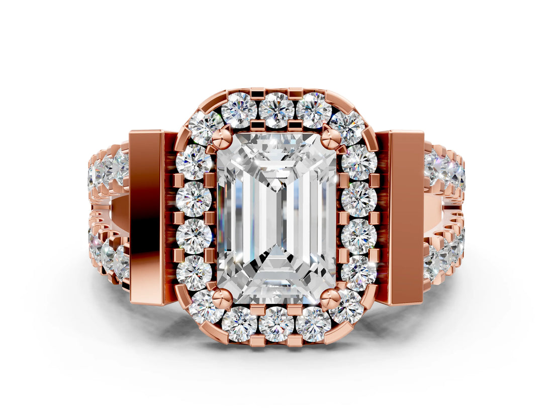Rose gold Emerald Cut Cut Halo Split Shank Prong Set Ring_3