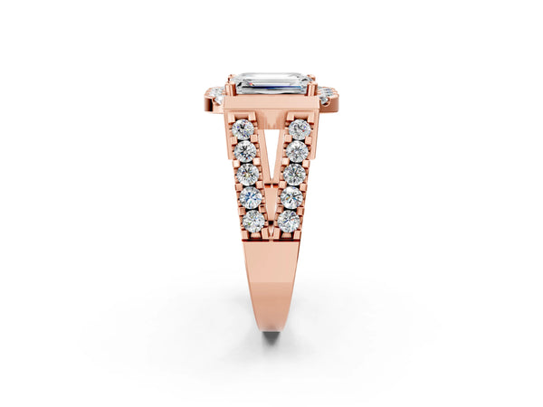 Rose gold Emerald Cut Cut Halo Split Shank Prong Set Ring