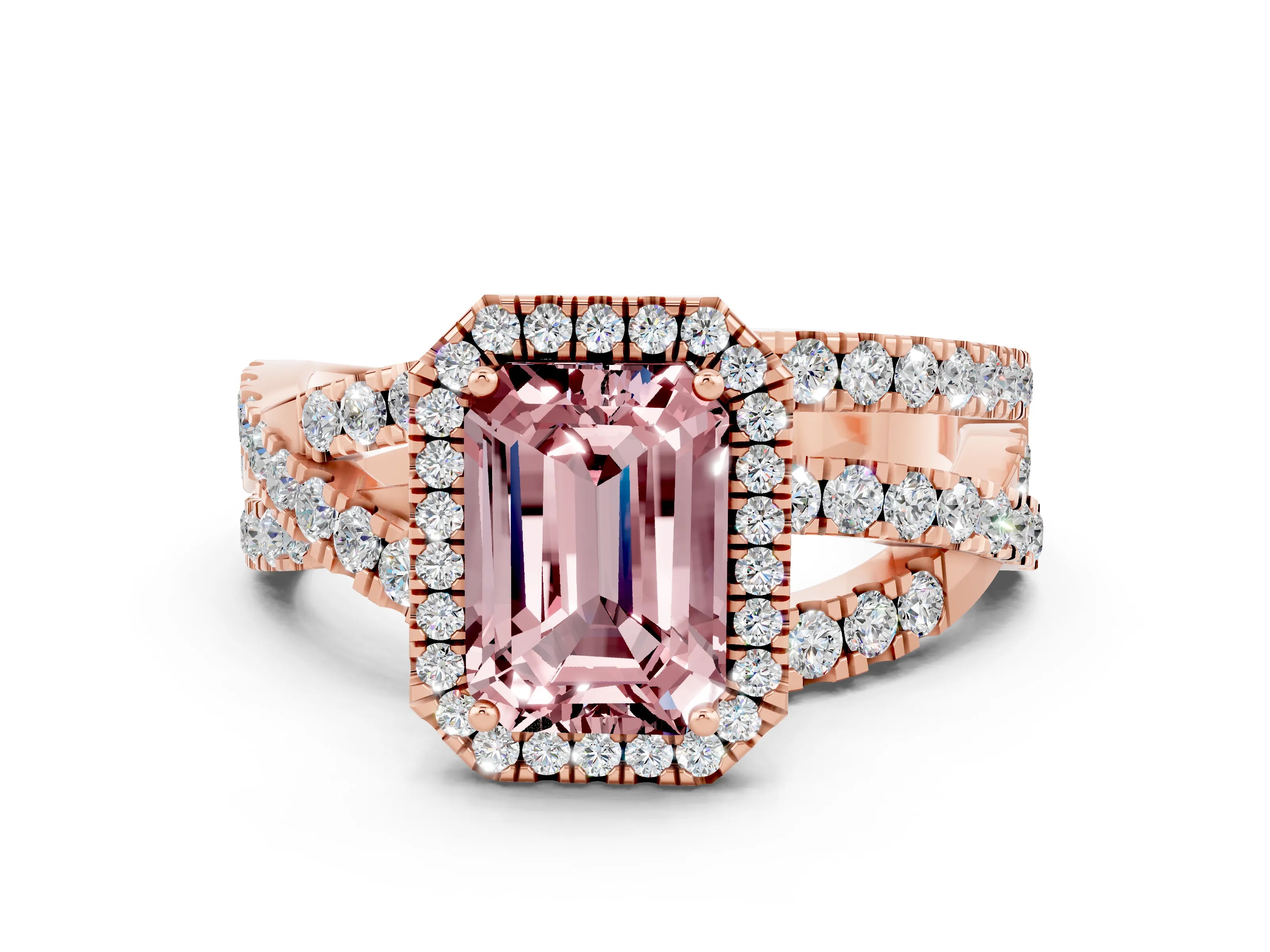 Rose gold Emerald Cut Cut Halo Split Shank Prong Setting Ring_12