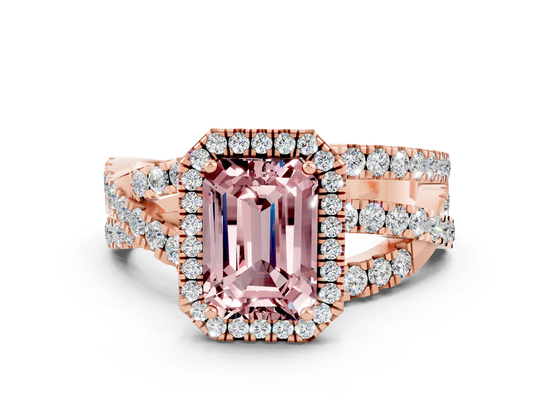 Rose gold Emerald Cut Cut Halo Split Shank Prong Setting Ring_12