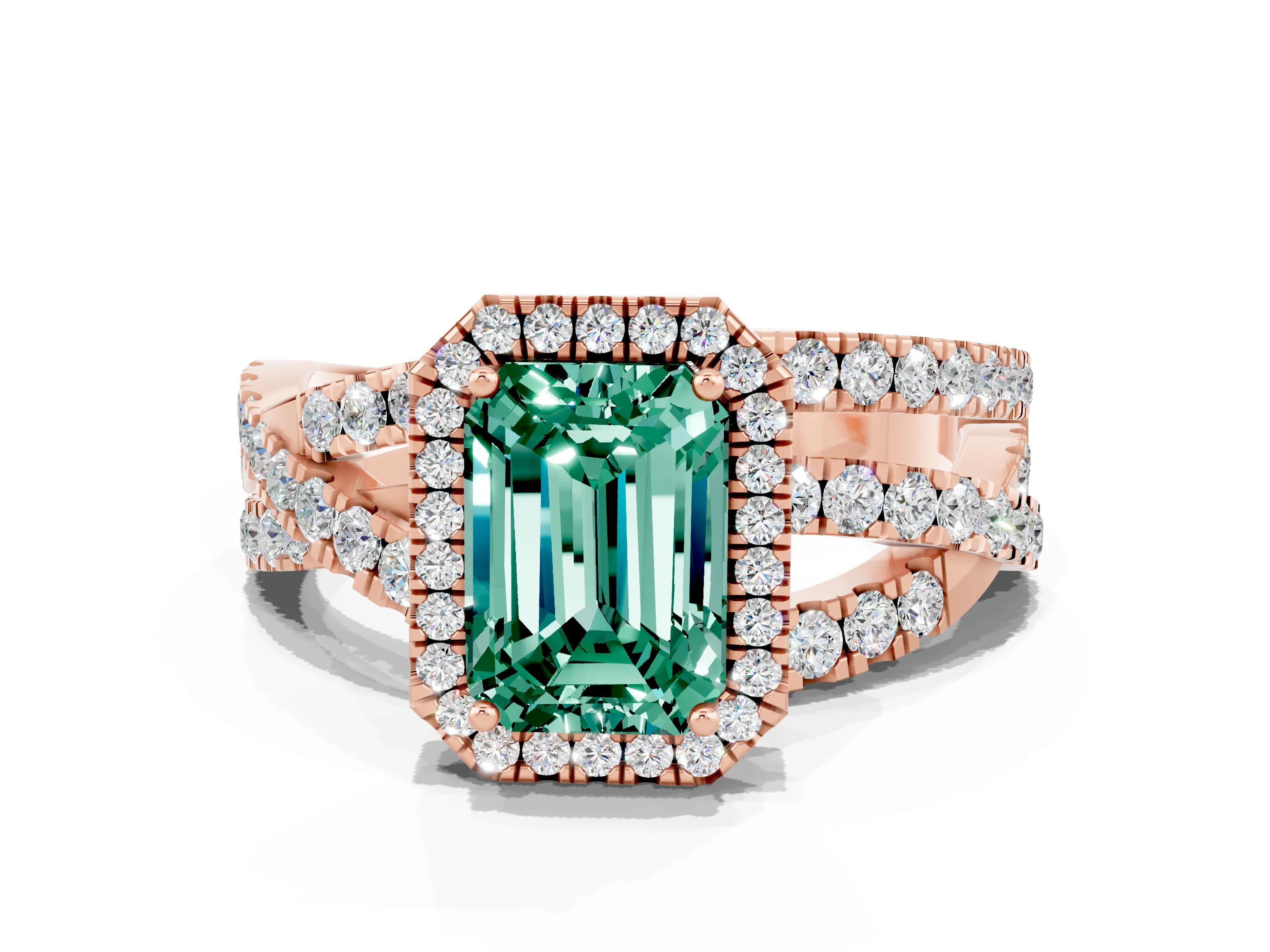 Rose gold Emerald Cut Cut Halo Split Shank Prong Setting Ring_12