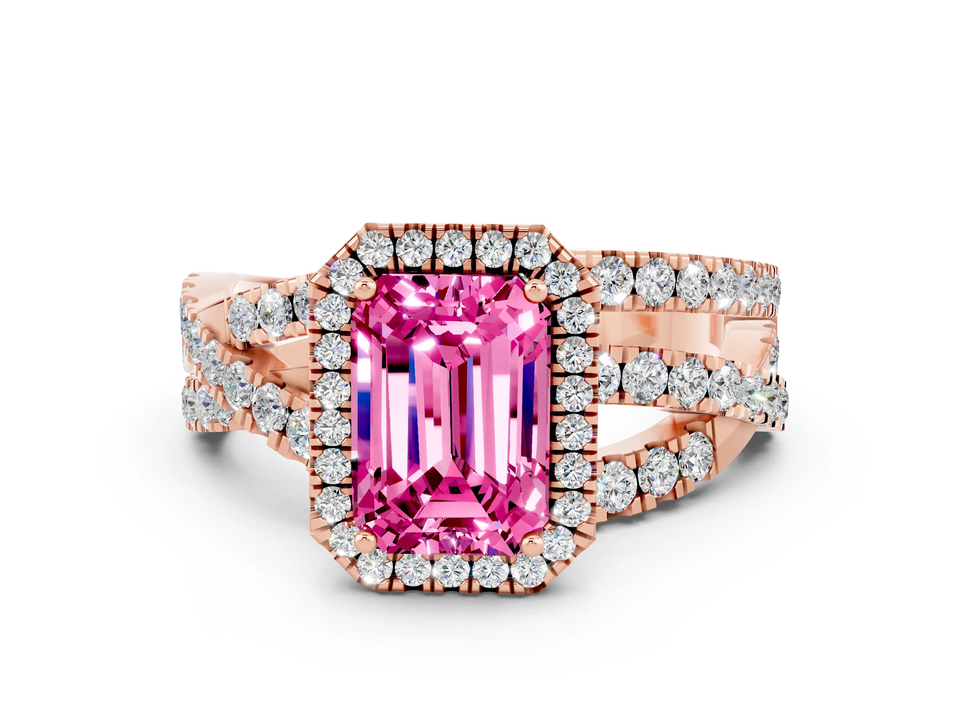 Rose gold Emerald Cut Cut Halo Split Shank Prong Setting Ring_12