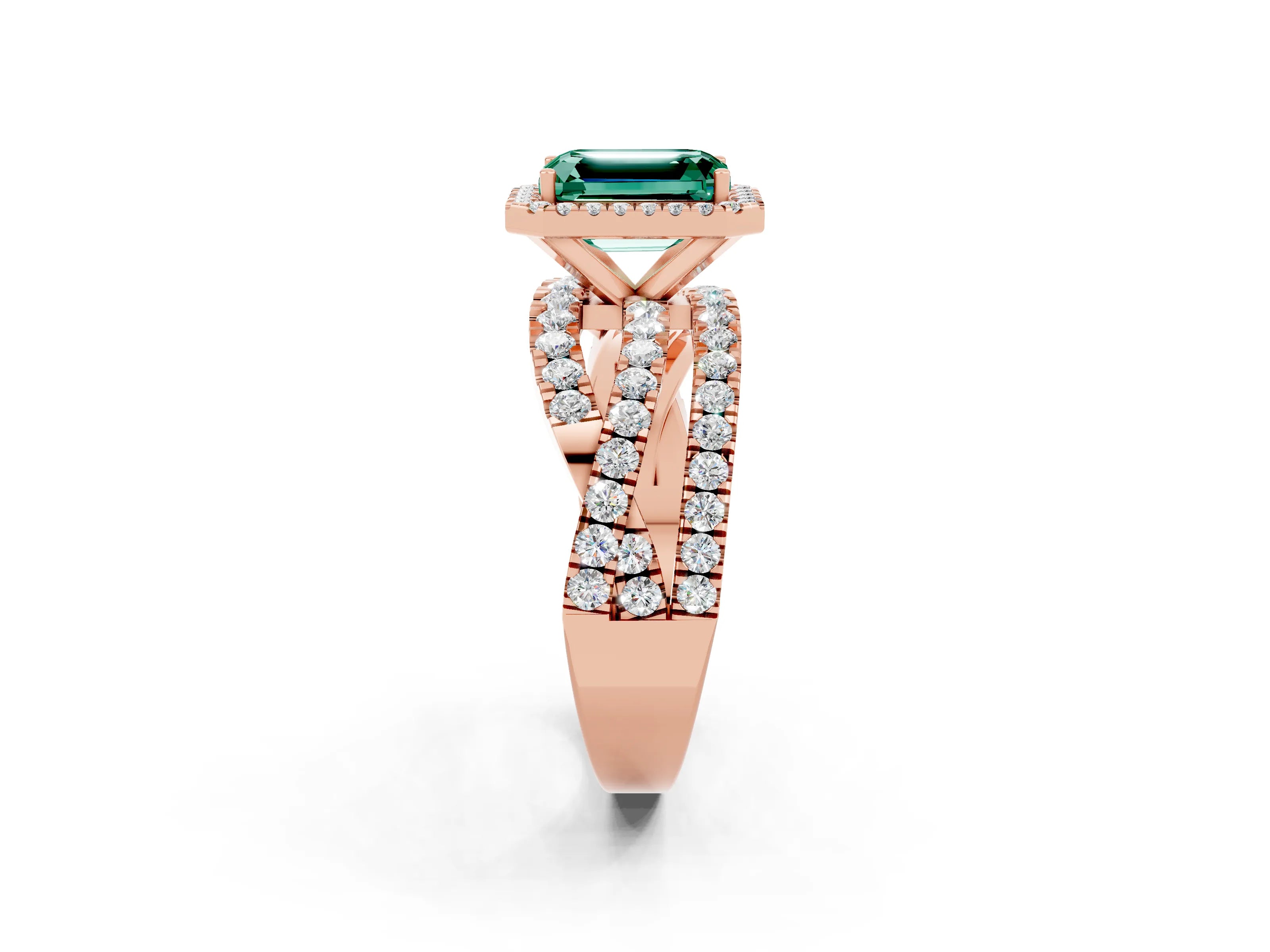 Rose gold Emerald Cut Cut Halo Split Shank Prong Setting Ring_14