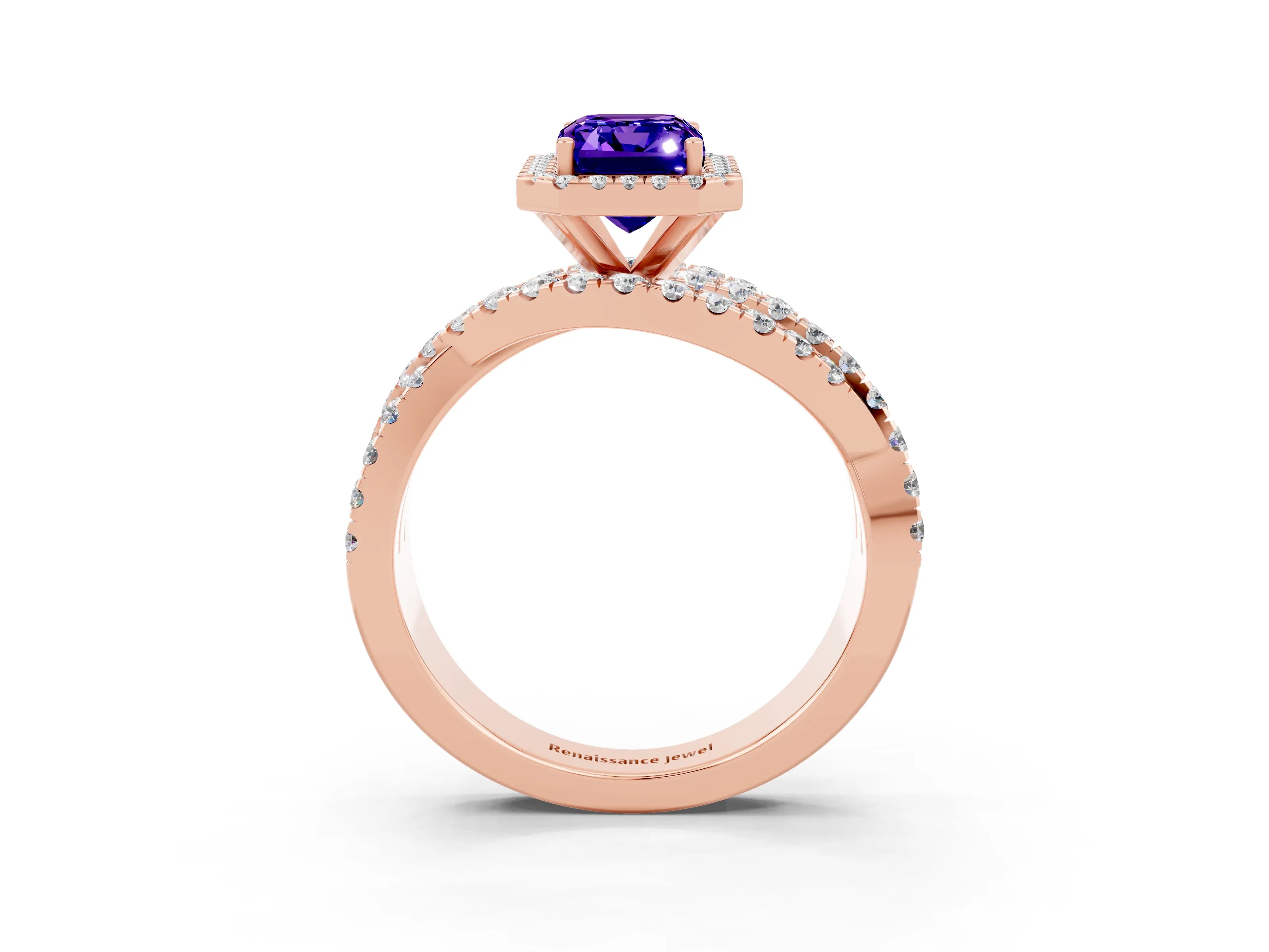 Rose gold Emerald Cut Cut Halo Split Shank Prong Setting Ring_15
