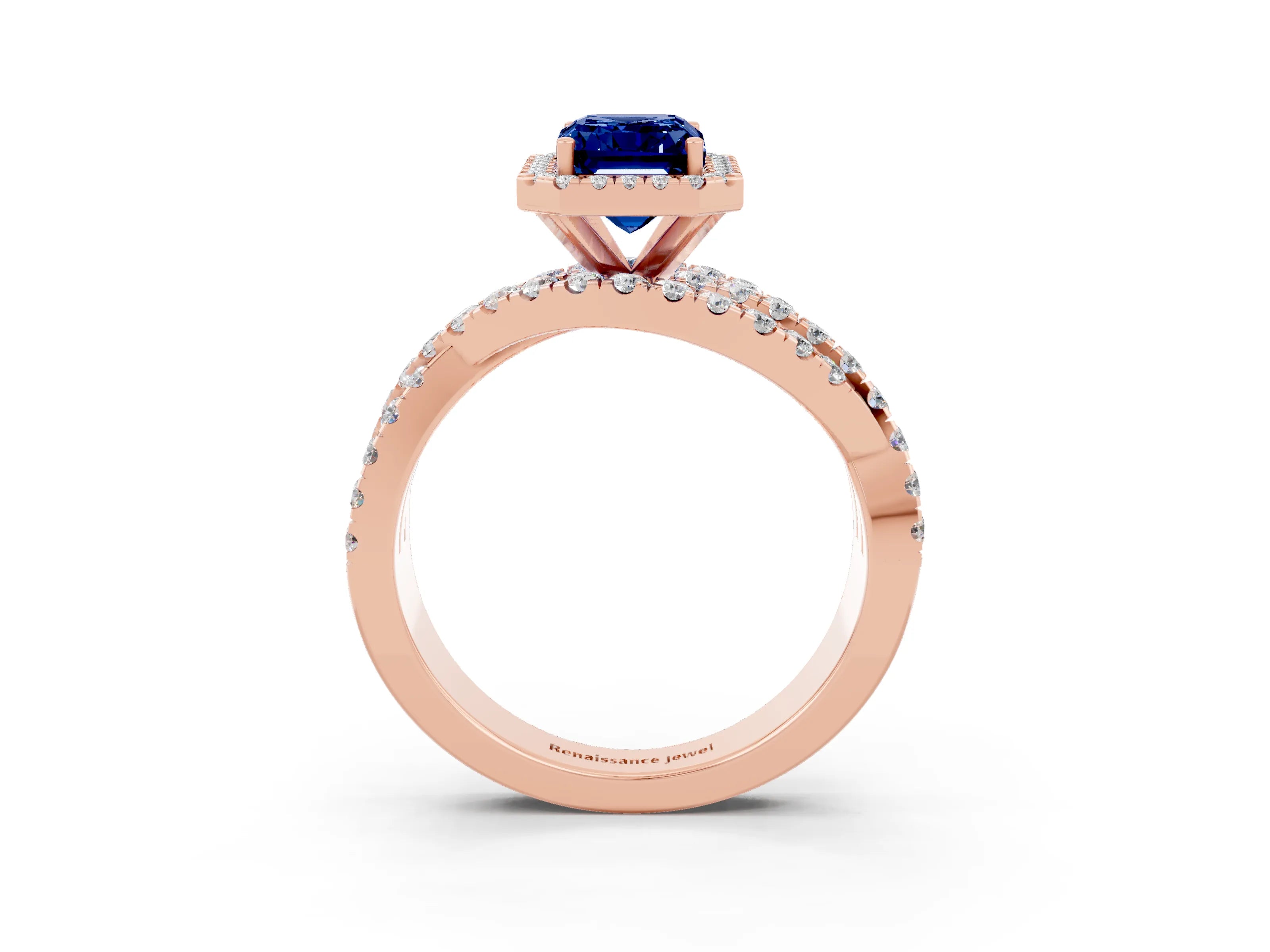 Rose gold Emerald Cut Cut Halo Split Shank Prong Setting Ring_15
