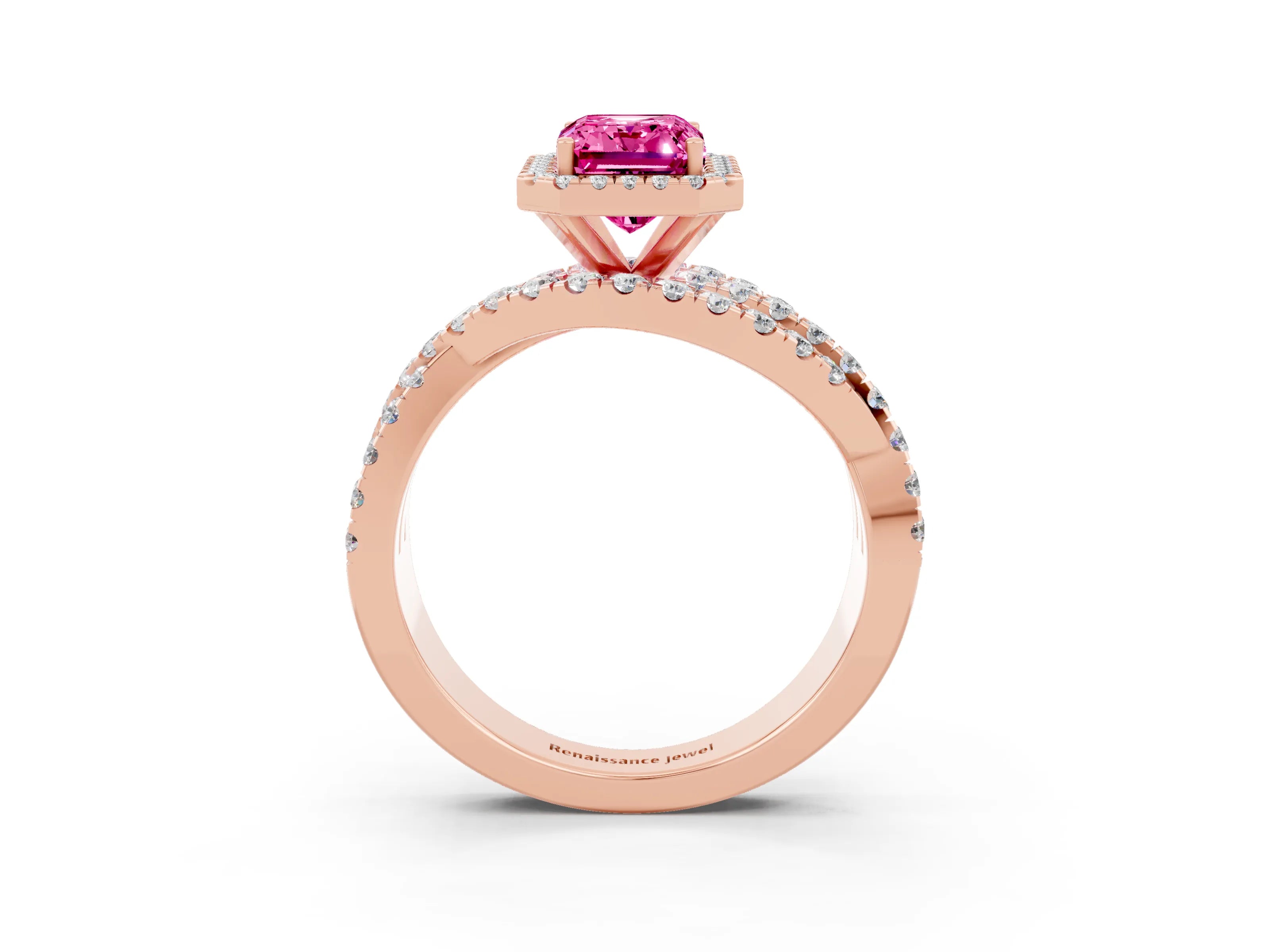 Rose gold Emerald Cut Cut Halo Split Shank Prong Setting Ring_15