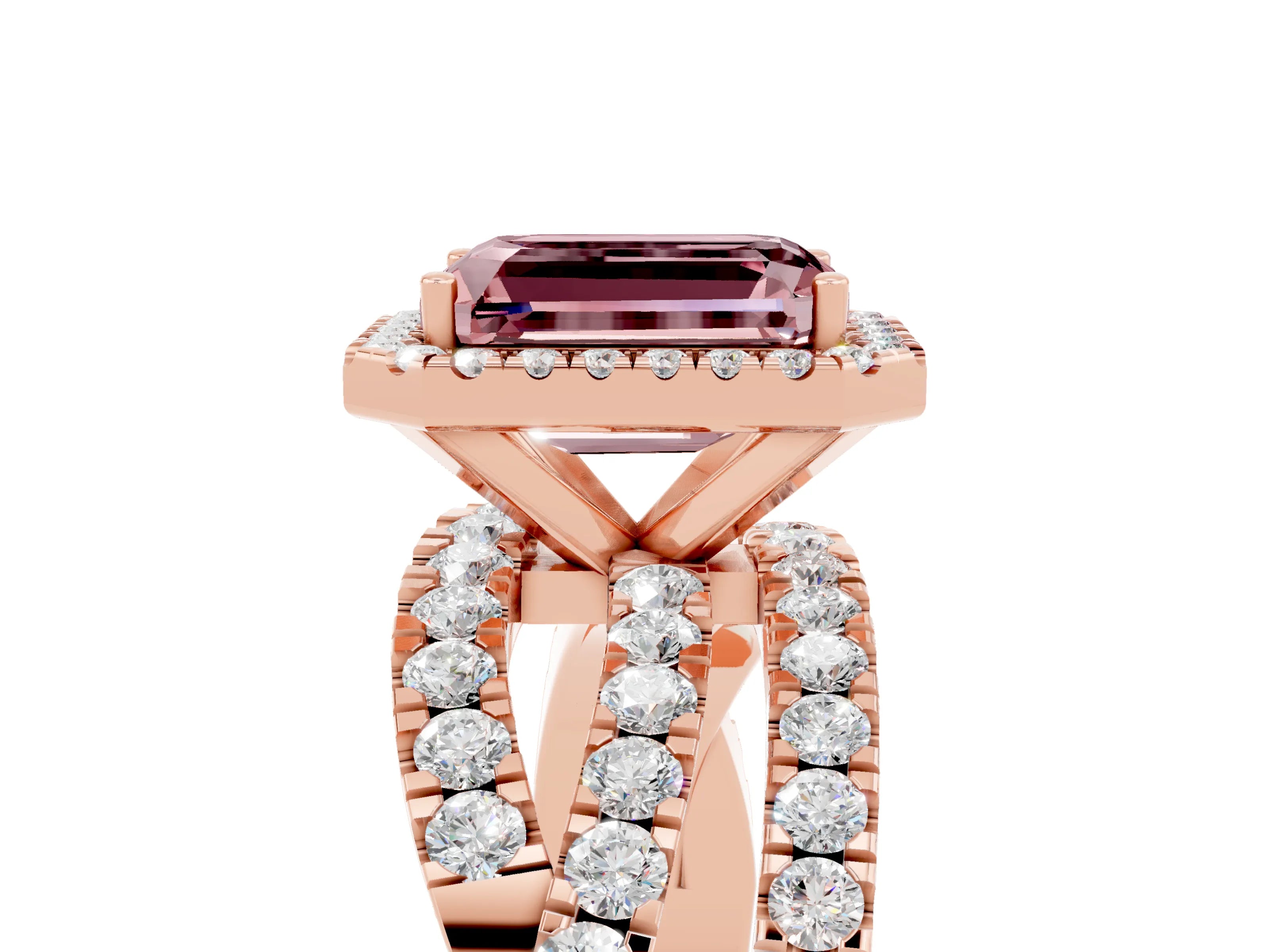 Rose gold Emerald Cut Cut Halo Split Shank Prong Setting Ring_17