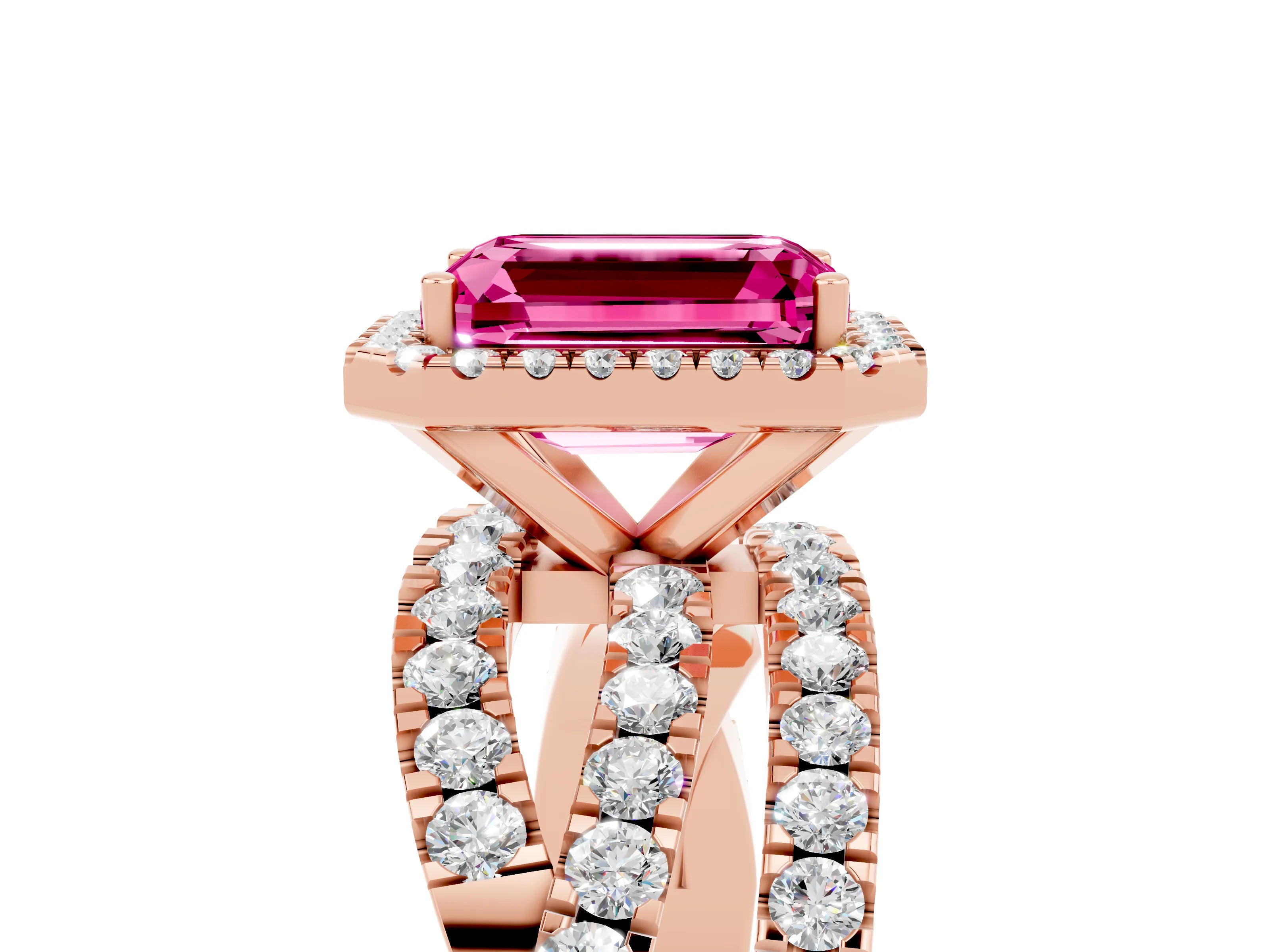 Rose gold Emerald Cut Cut Halo Split Shank Prong Setting Ring_17