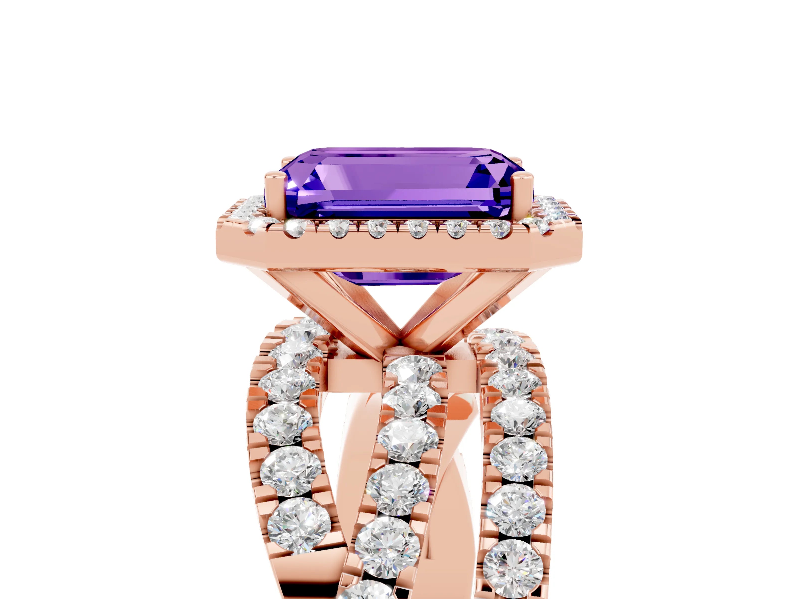 Rose gold Emerald Cut Cut Halo Split Shank Prong Setting Ring_17