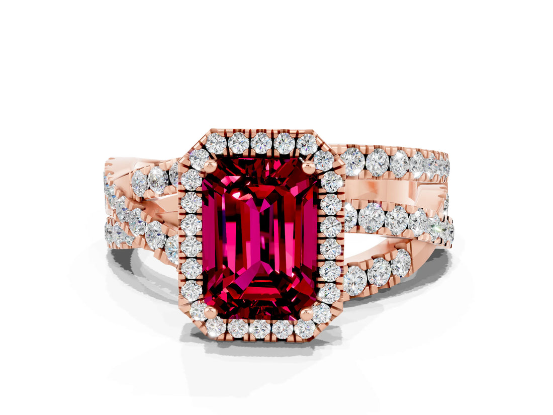 Rose gold Emerald Cut Cut Halo Split Shank Prong Setting Ring_20