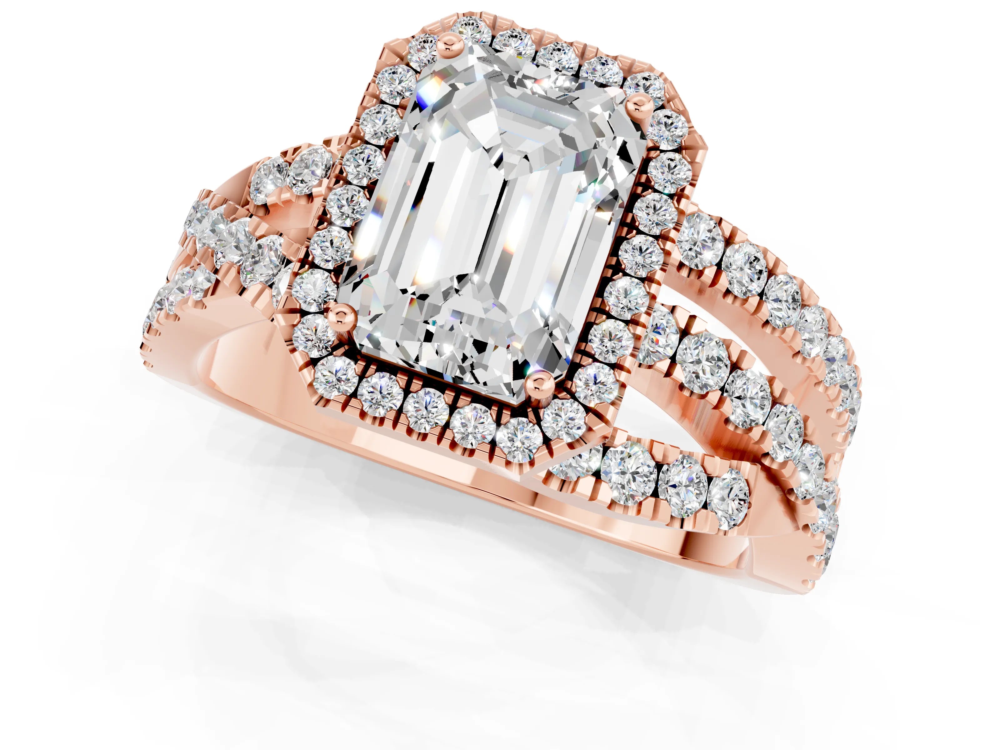Rose gold Emerald Cut Cut Halo Split Shank Prong Setting Ring_22