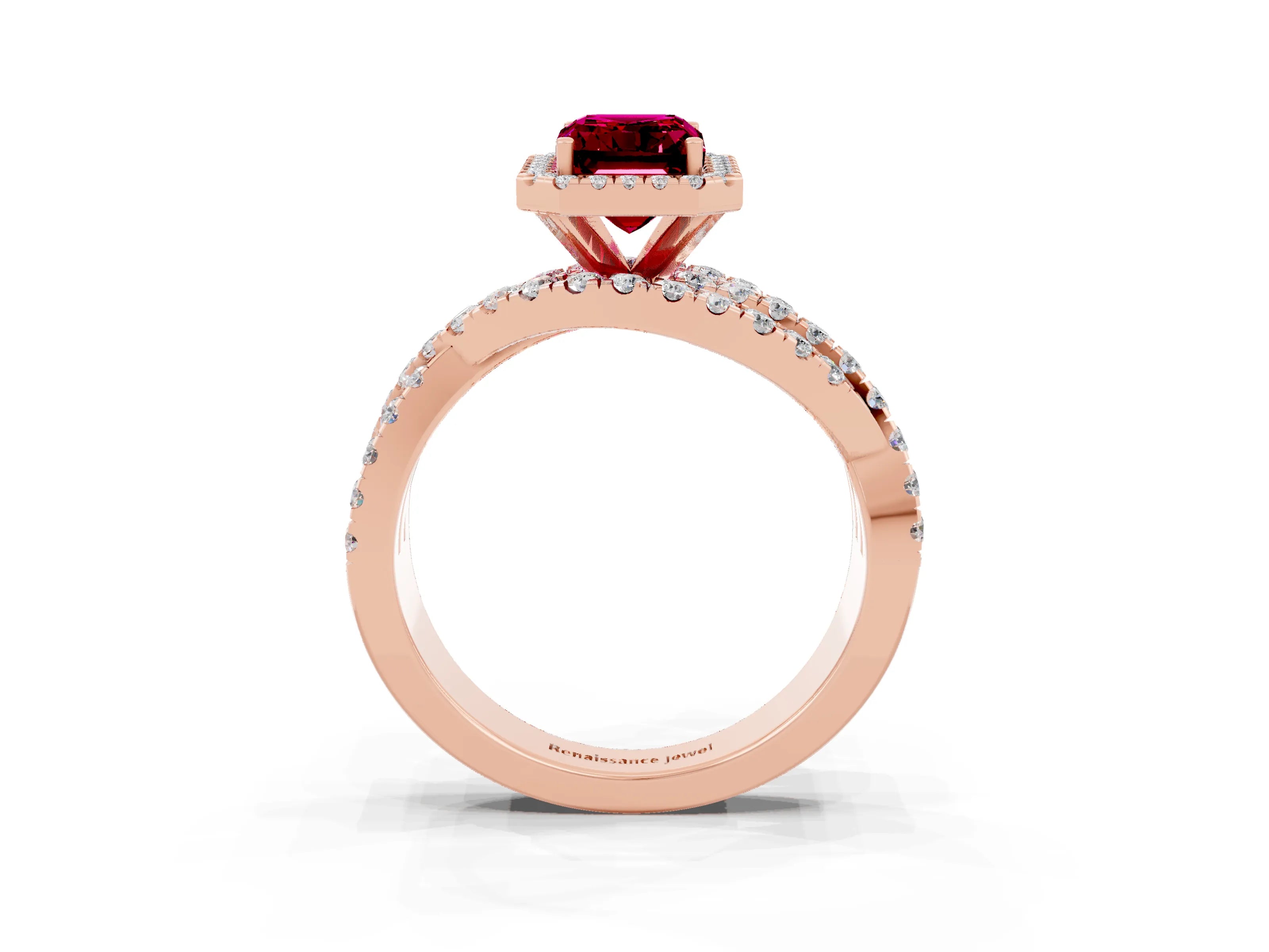 Rose gold Emerald Cut Cut Halo Split Shank Prong Setting Ring_23