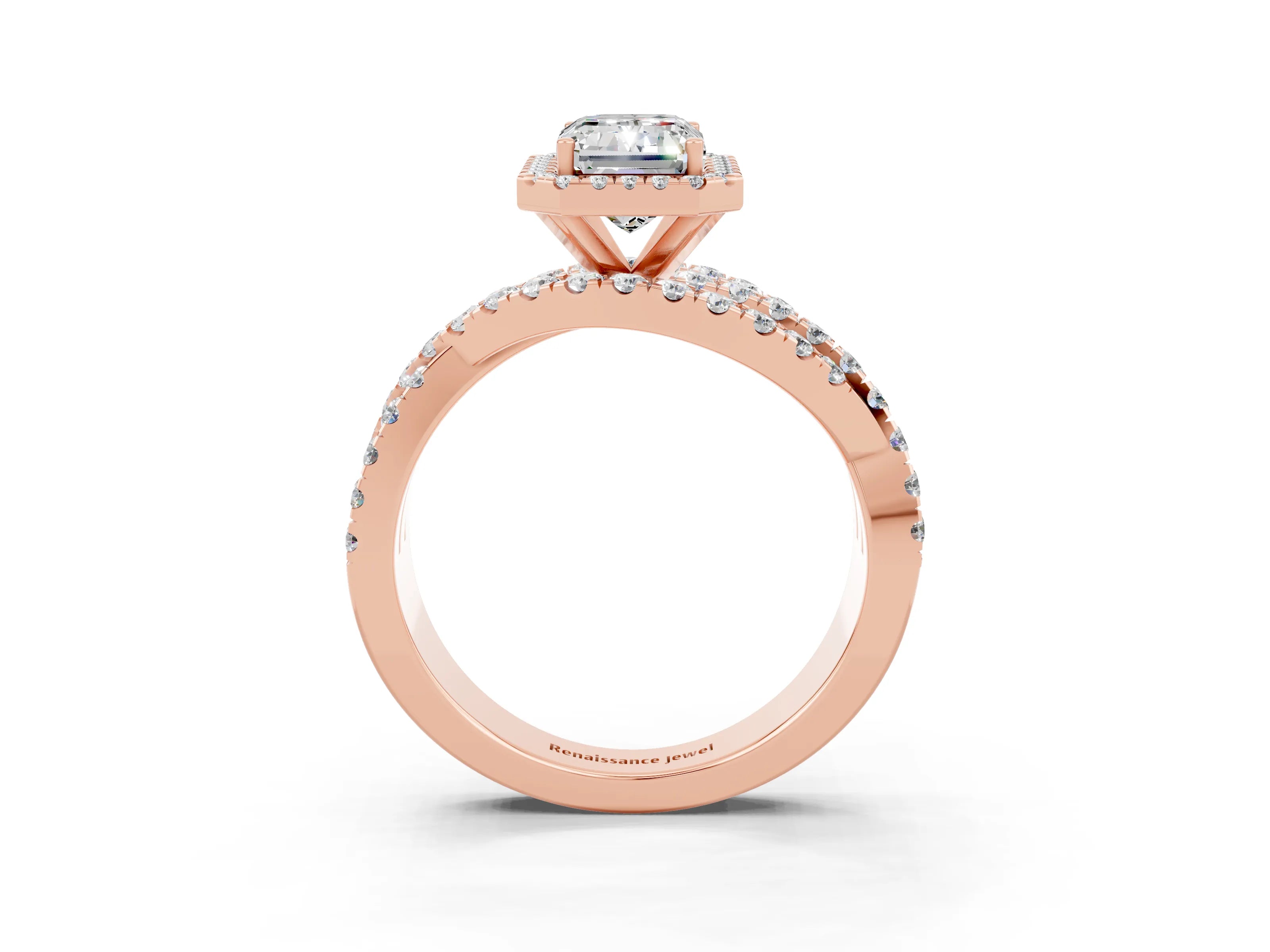 Rose gold Emerald Cut Cut Halo Split Shank Prong Setting Ring_24