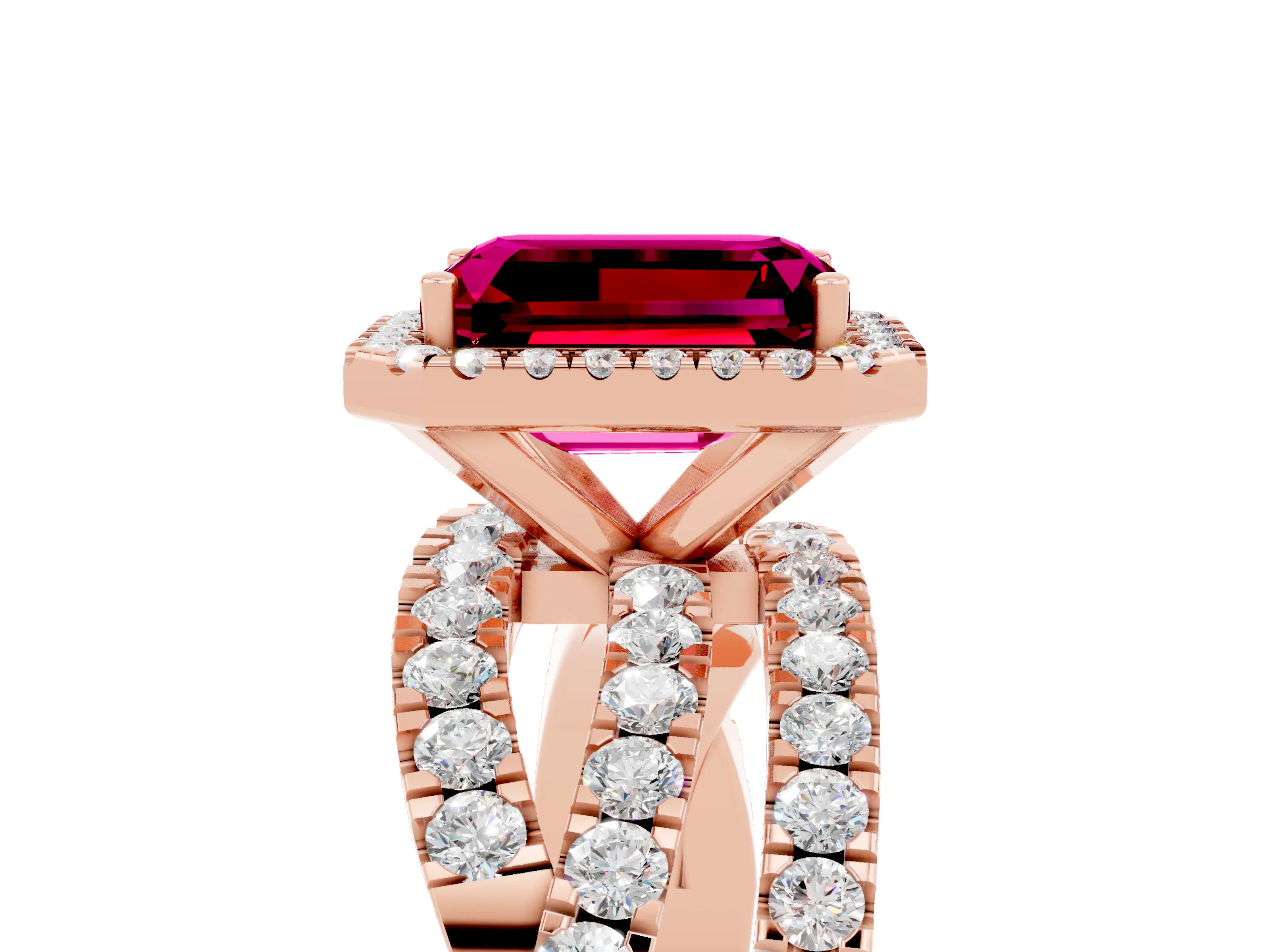 Rose gold Emerald Cut Cut Halo Split Shank Prong Setting Ring_25
