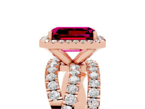Rose gold Emerald Cut Cut Halo Split Shank Prong Setting Ring_25