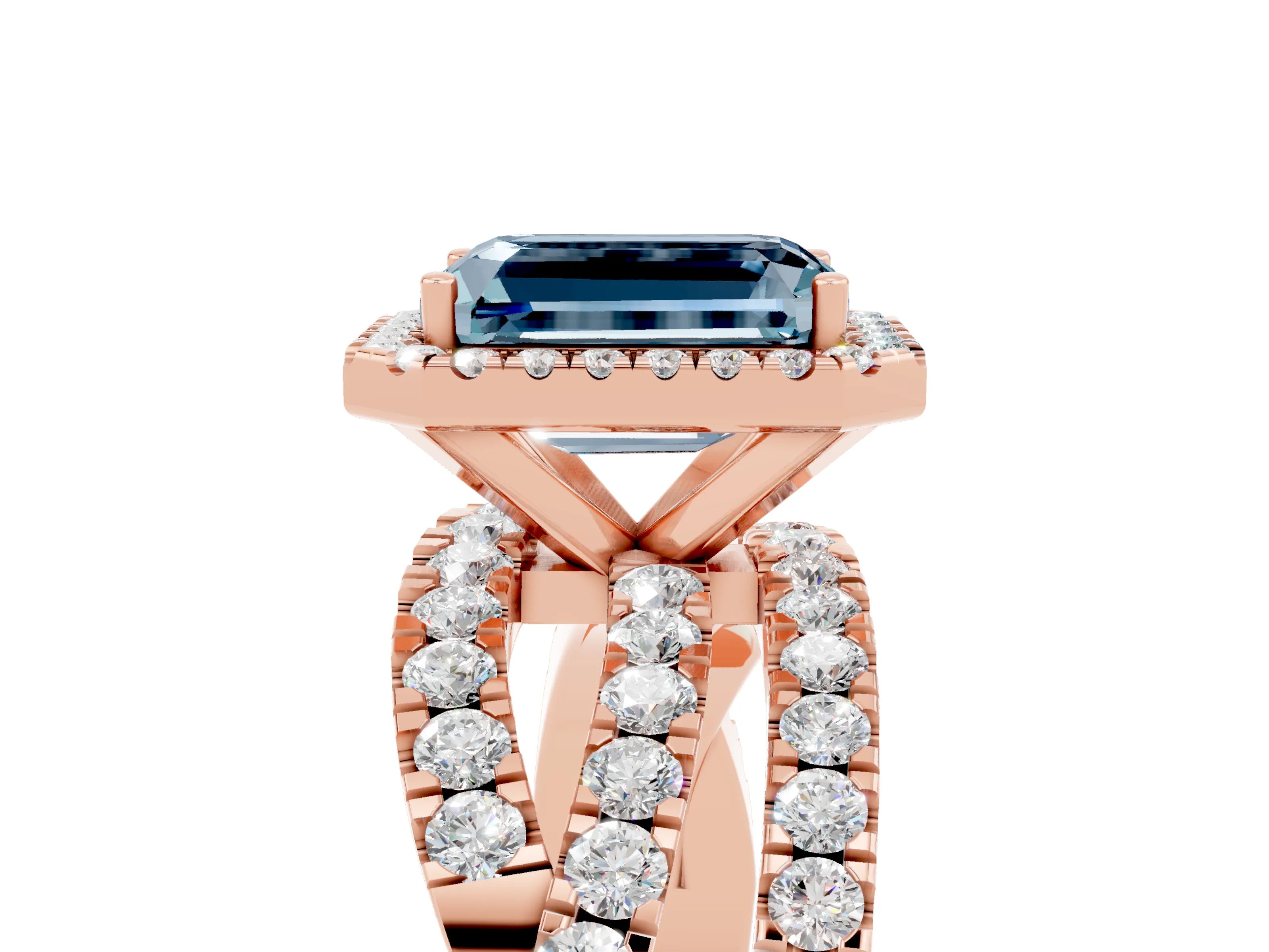 Rose gold Emerald Cut Cut Halo Split Shank Prong Setting Ring_25