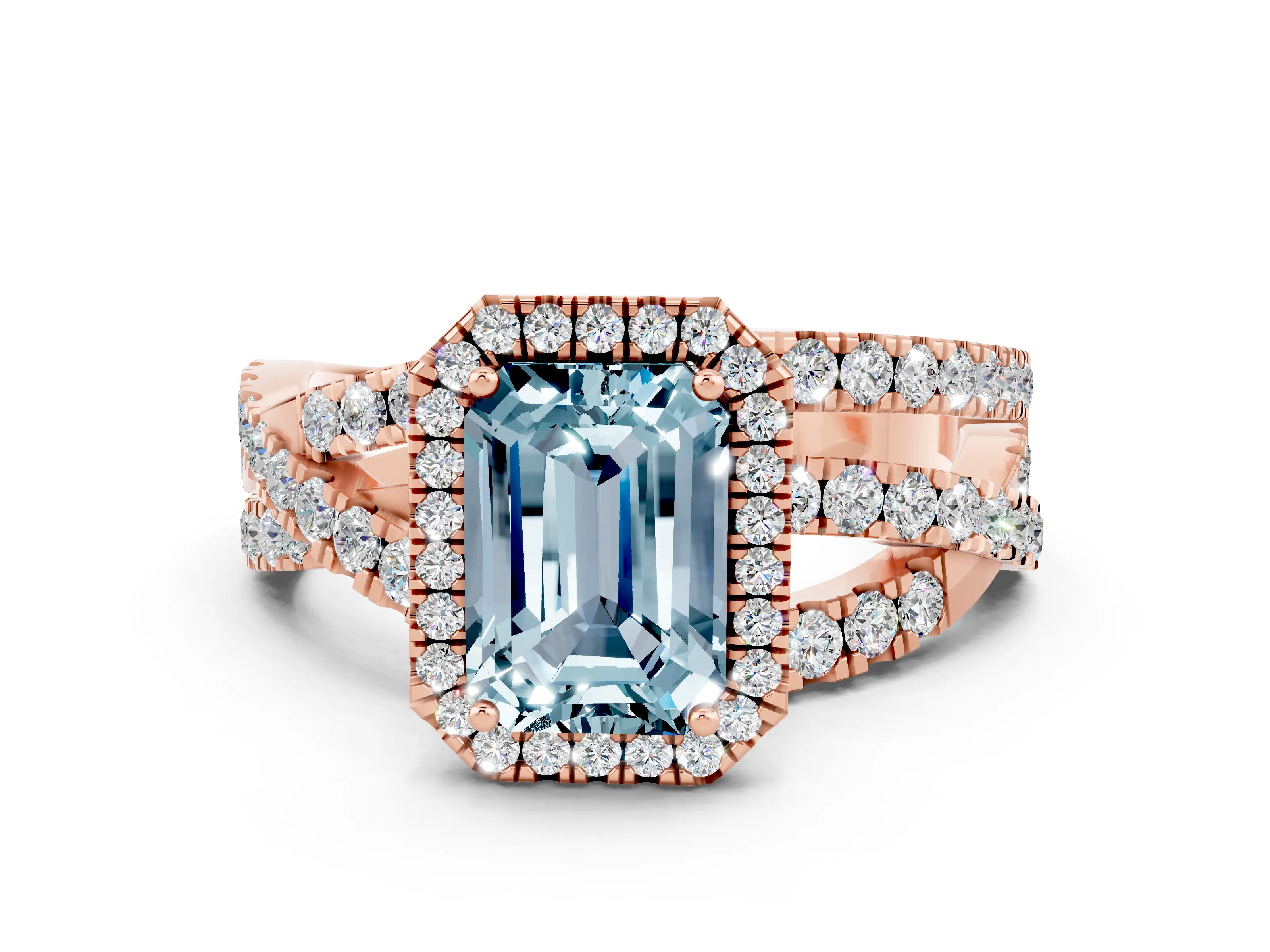 Rose gold Emerald Cut Cut Halo Split Shank Prong Setting Ring_32