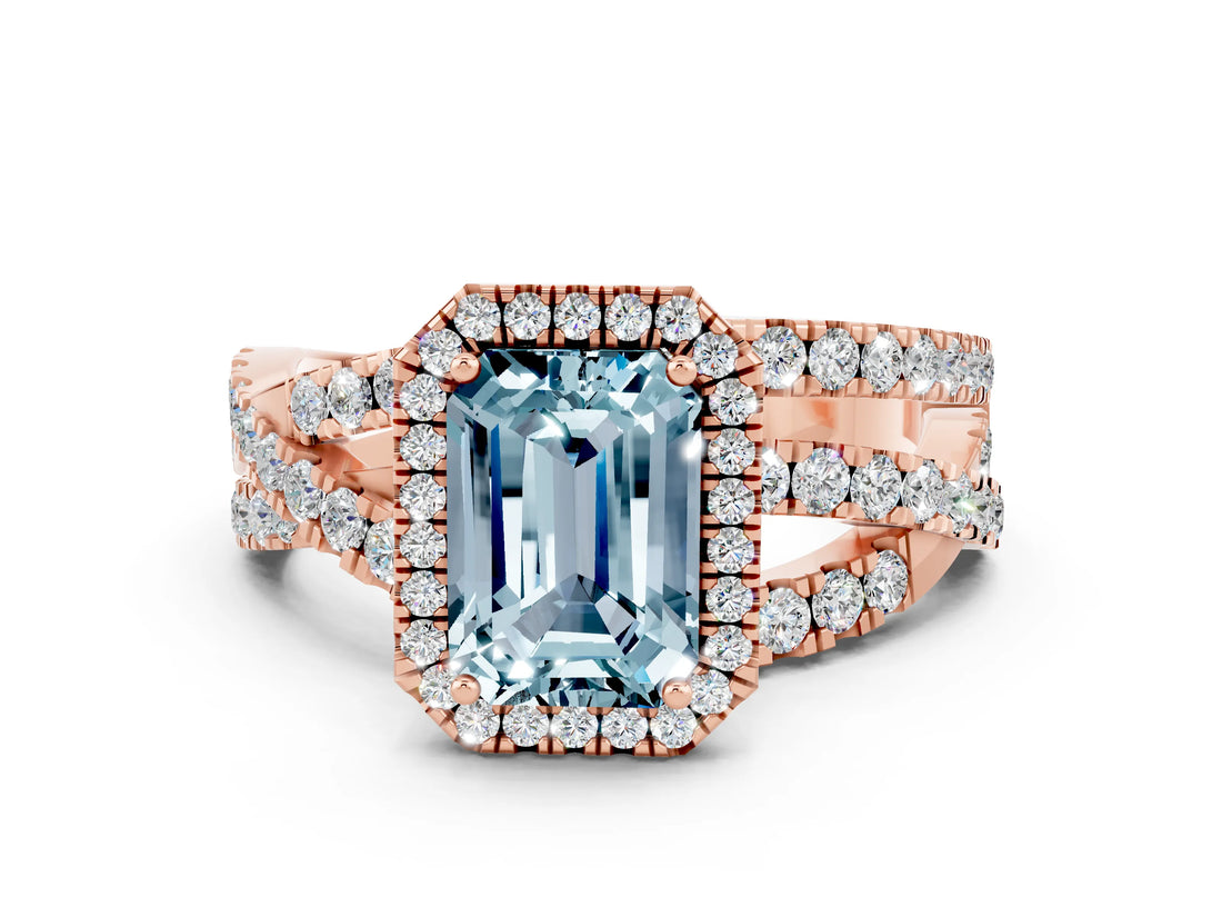Rose gold Emerald Cut Cut Halo Split Shank Prong Setting Ring_32