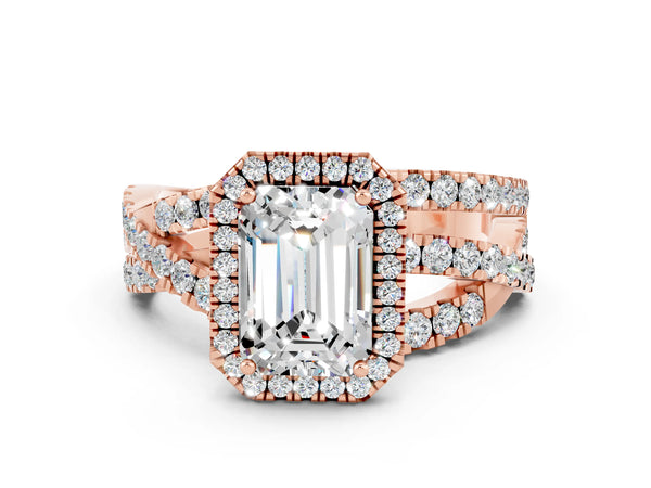 Rose gold Emerald Cut Moissanite Halo Ring with Round Split Shank and Prong Setting