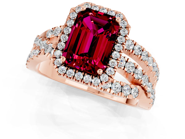 Rose gold Emerald Cut Garnet Halo Ring with Round Split Shank and Prong Setting