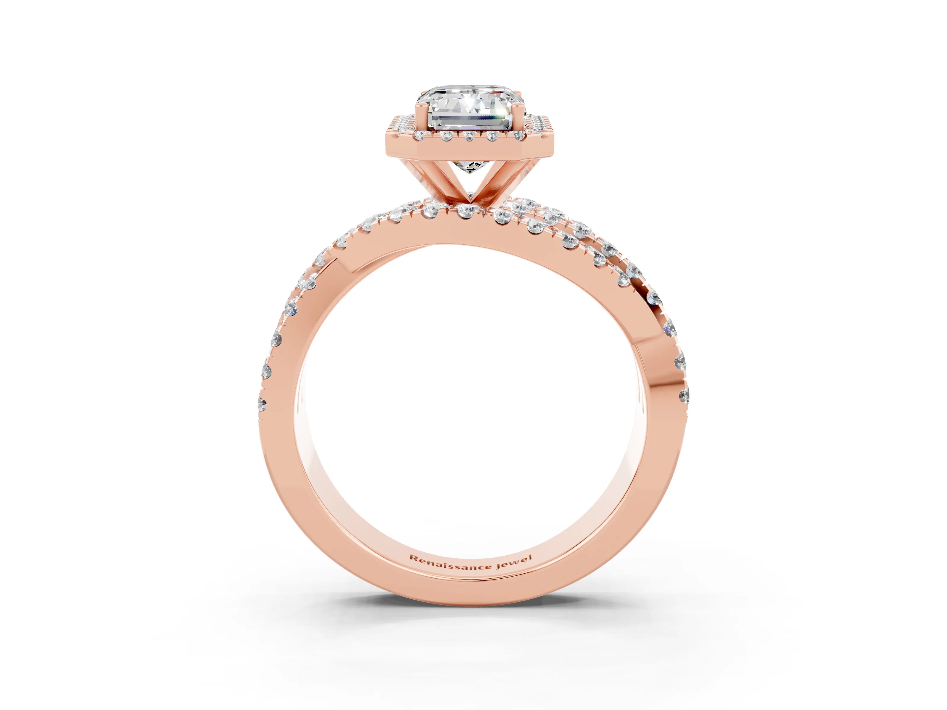 Rose gold Emerald Cut Cut Halo Split Shank Prong Setting Ring_36