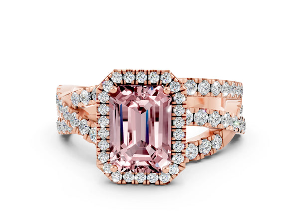 Rose gold Emerald Cut Cut Halo Split Shank Prong Setting Ring