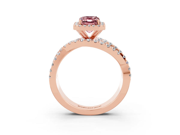 Rose gold Emerald Cut Cut Halo Split Shank Prong Setting Ring