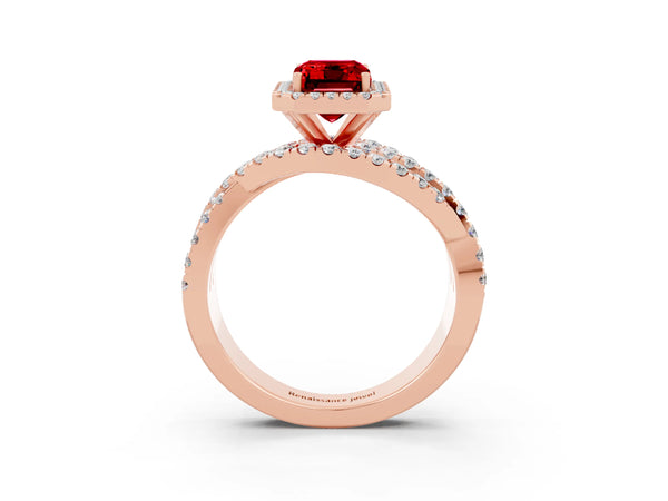 Rose gold Emerald Cut Cut Halo Split Shank Prong Setting Ring