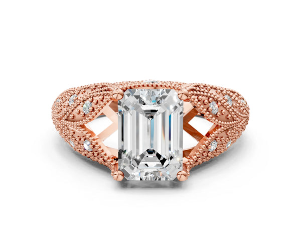 Rose gold Emerald Cut Cut Milgrain Pave Diamond Engagement Ring with Four-Prong Setting
