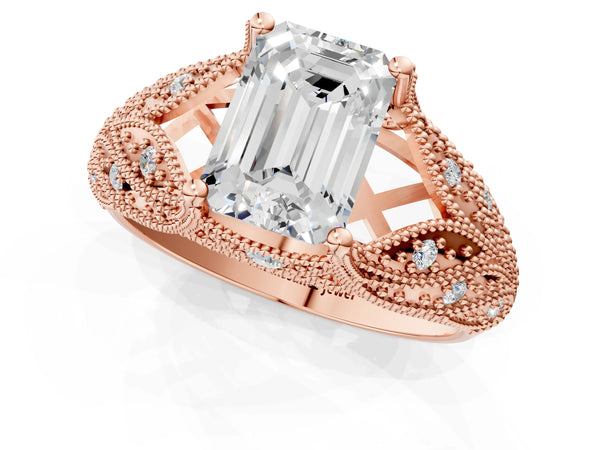 Rose gold Emerald Cut Cut Milgrain Pave Diamond Engagement Ring with Four-Prong Setting