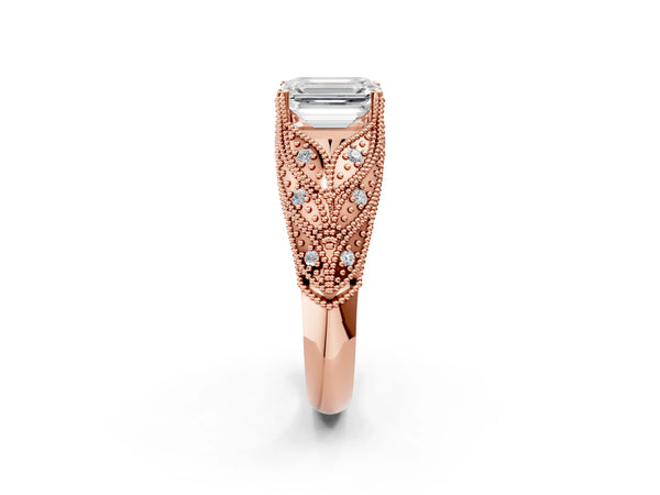 Rose gold Emerald Cut Cut Milgrain Pave Diamond Engagement Ring with Four-Prong Setting
