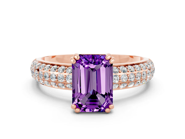 Rose gold Emerald Cut Amethyst Solitaire Ring with Multi-Row Round Pavé Band and Prong Setting