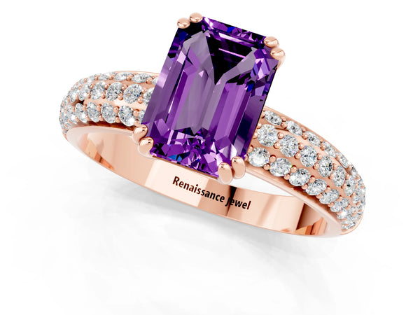 Rose gold Emerald Cut Amethyst Solitaire Ring with Multi-Row Round Pavé Band and Prong Setting