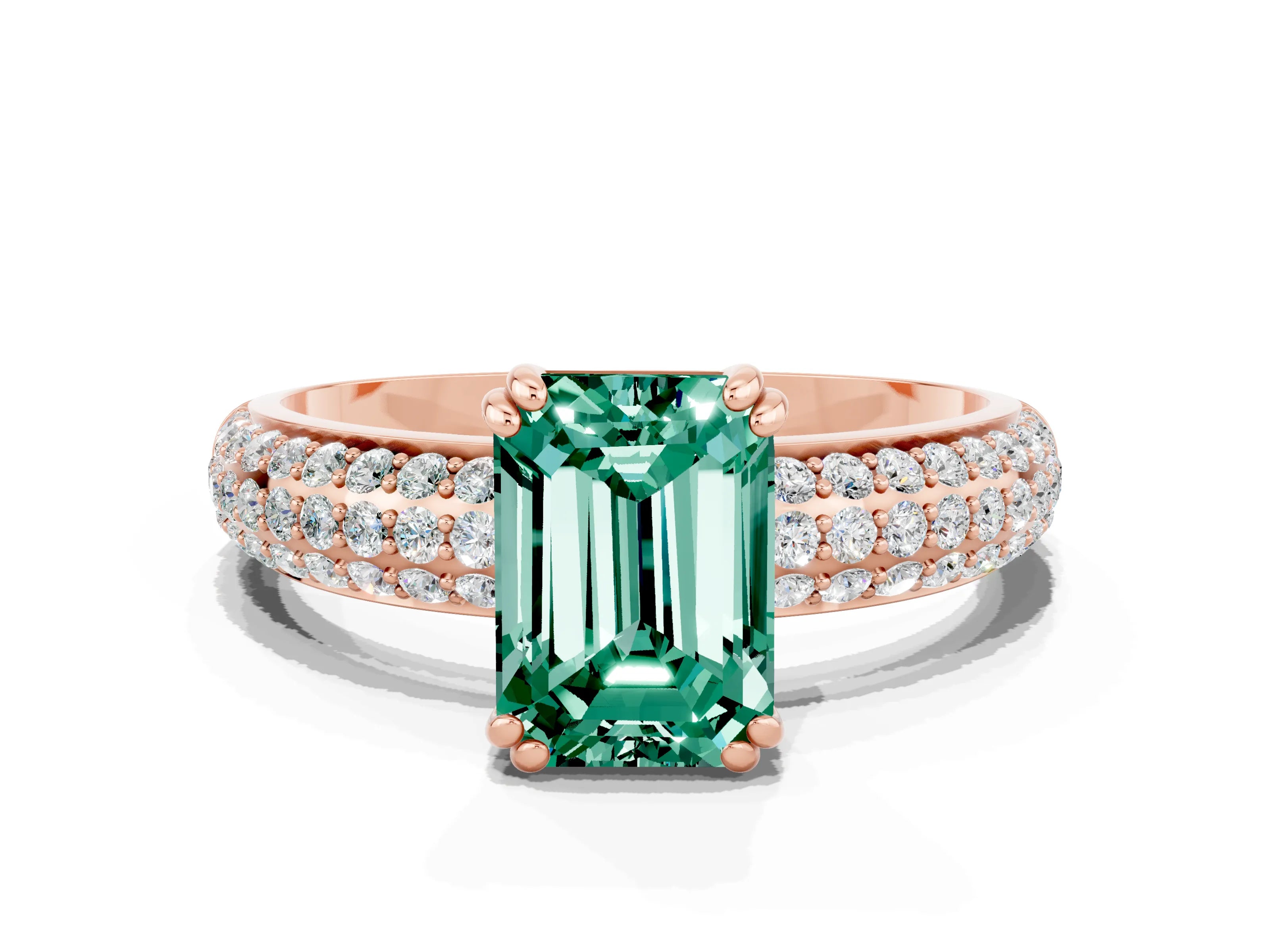 Rose gold Emerald Cut Cut Pave Diamond Engagement Ring with Channel Set Band and Four-Prong Setting