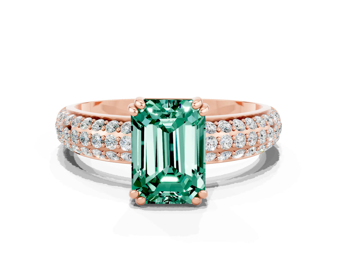 Rose gold Emerald Cut Cut Pave Diamond Engagement Ring with Channel Set Band and Four-Prong Setting