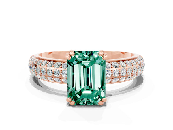 Rose gold Emerald Cut Green Sapphire Solitaire Ring with Multi-Row Round Pavé Band and Prong Setting