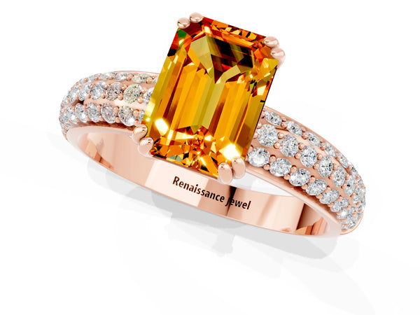 Rose gold Emerald Cut Citrine Solitaire Ring with Multi-Row Round Pavé Band and Prong Setting