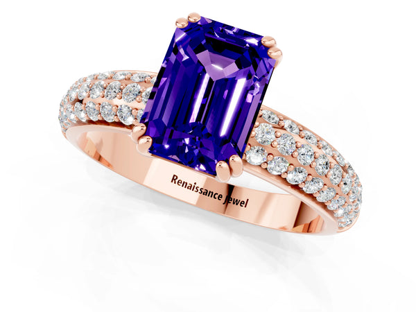 Rose gold Emerald Cut Tanzanite Solitaire Ring with Multi-Row Round Pavé Band and Prong Setting