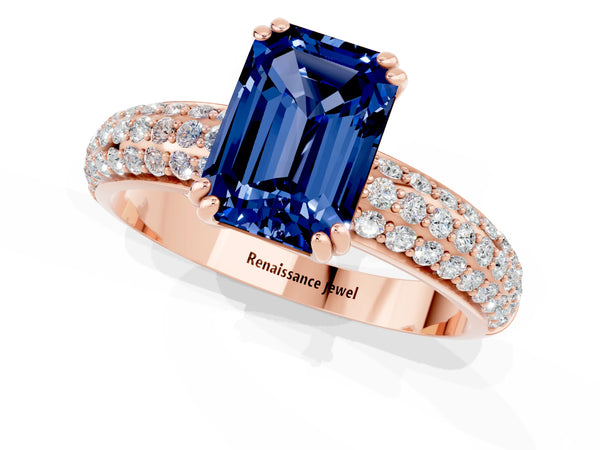 Rose gold Emerald Cut Blue Sapphire Solitaire Ring with Multi-Row Round Pavé Band and Prong Setting