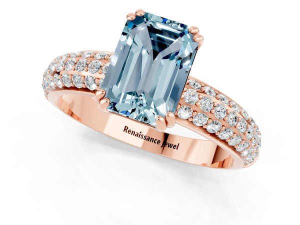 Rose gold Emerald Cut Aquamarine Solitaire Ring with Multi-Row Round Pavé Band and Prong Setting