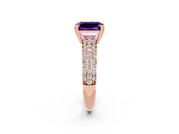 Rose gold Emerald Cut Amethyst Solitaire Ring with Multi-Row Round Pavé Band and Prong Setting