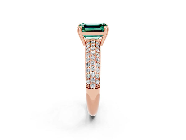 Rose gold Emerald Cut Green Sapphire Solitaire Ring with Multi-Row Round Pavé Band and Prong Setting
