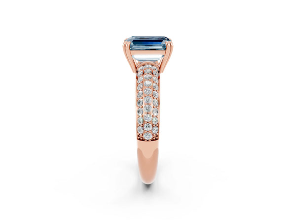 Rose gold Emerald Cut Aquamarine Solitaire Ring with Multi-Row Round Pavé Band and Prong Setting