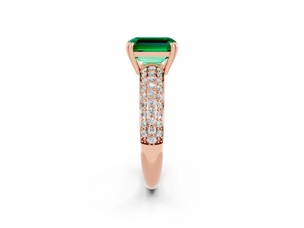 Rose gold Emerald Cut Emerald Solitaire Ring with Multi-Row Round Pavé Band and Prong Setting