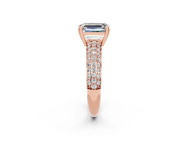 Rose gold Emerald Cut Moissanite Solitaire Ring with Multi-Row Round Pavé Band and Prong Setting