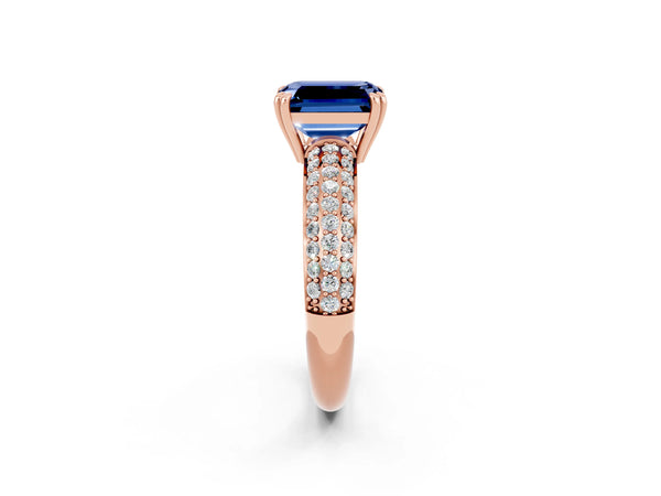 Rose gold Emerald Cut Blue Sapphire Solitaire Ring with Multi-Row Round Pavé Band and Prong Setting