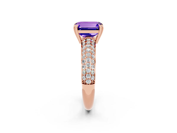 Rose gold Emerald Cut Tanzanite Solitaire Ring with Multi-Row Round Pavé Band and Prong Setting