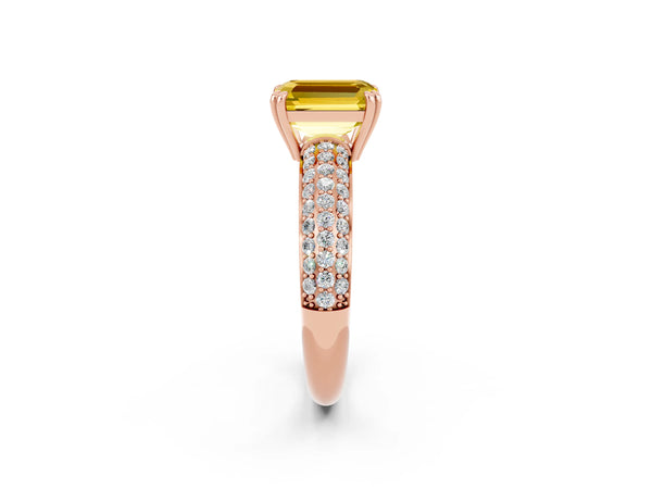 Rose gold Emerald Cut Yellow Sapphire Solitaire Ring with Multi-Row Round Pavé Band and Prong Setting